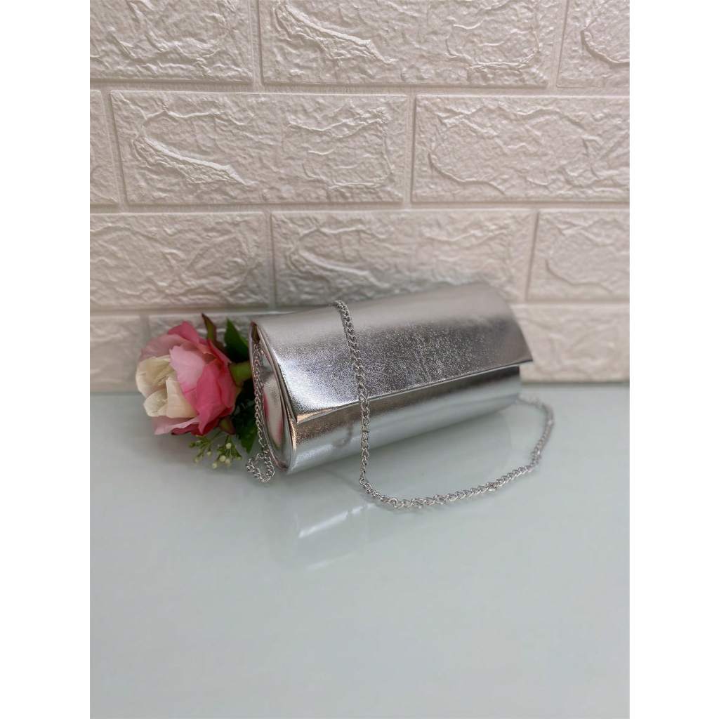 Juzia Bolsas Bolsa de festa clutch metalizado oval feminina bolsa baguette tiracolo transversal com alça corrente