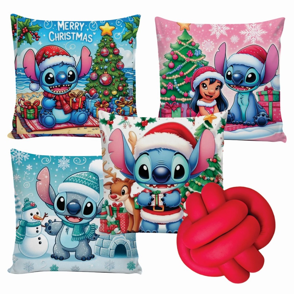 Kit 4 Capas de Almofadas Natalina Decorativas 45x45cm + Almofada de Nó Sala Casa Stitch de Natal
