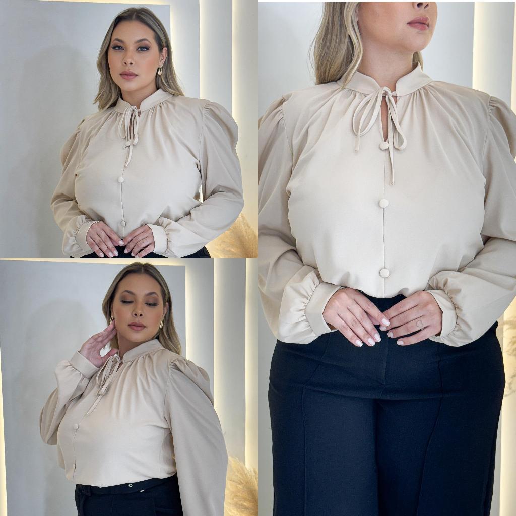 Blusa plusize social manga longa com manga princesa