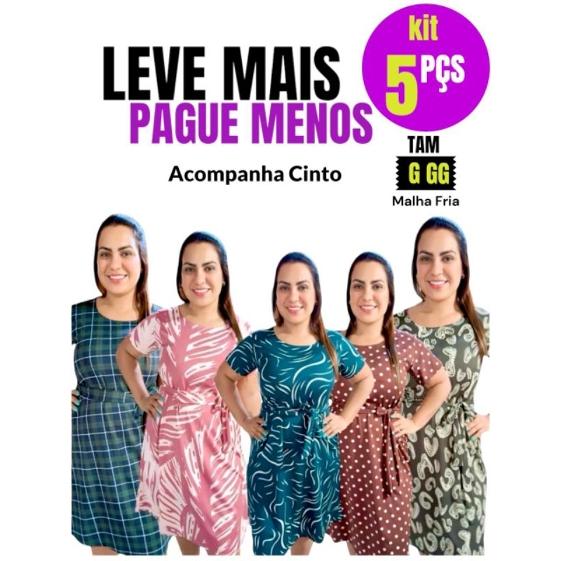 kit 5 Vestidos Femininos Midi Evangélico Elegante Soltinho Malha Fria Manga Curta G GG
