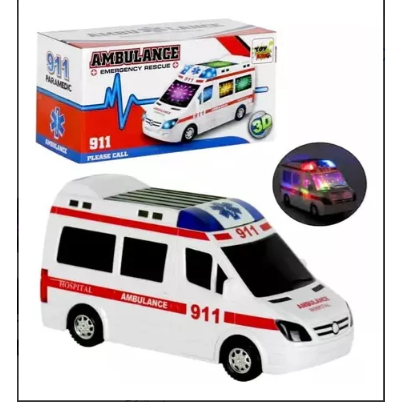 Carrinho Ambulância Musical Infantil Bate e Volta Gira 360° Com Luzes Led e Som