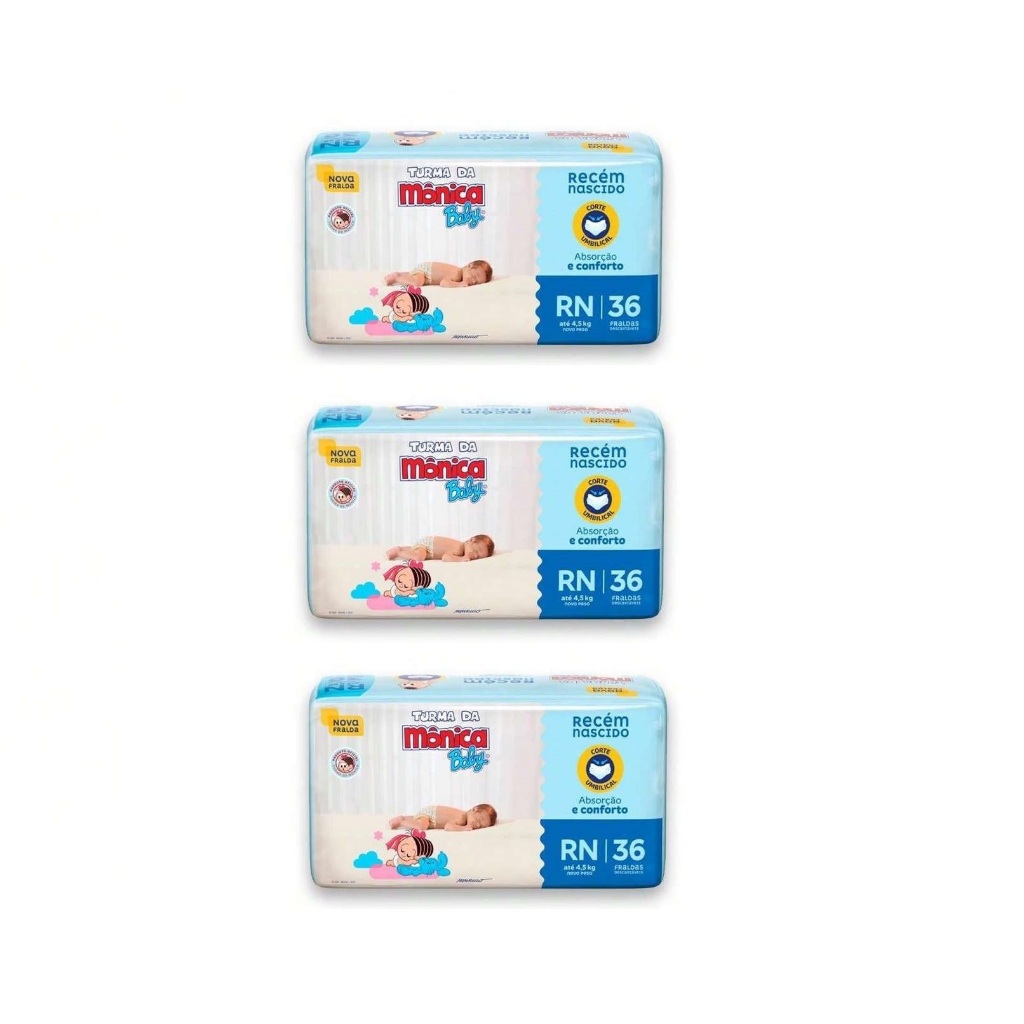 kit 3 pacotes Fralda RN Turma da Mônica 36un cada em Oferta na Shopee