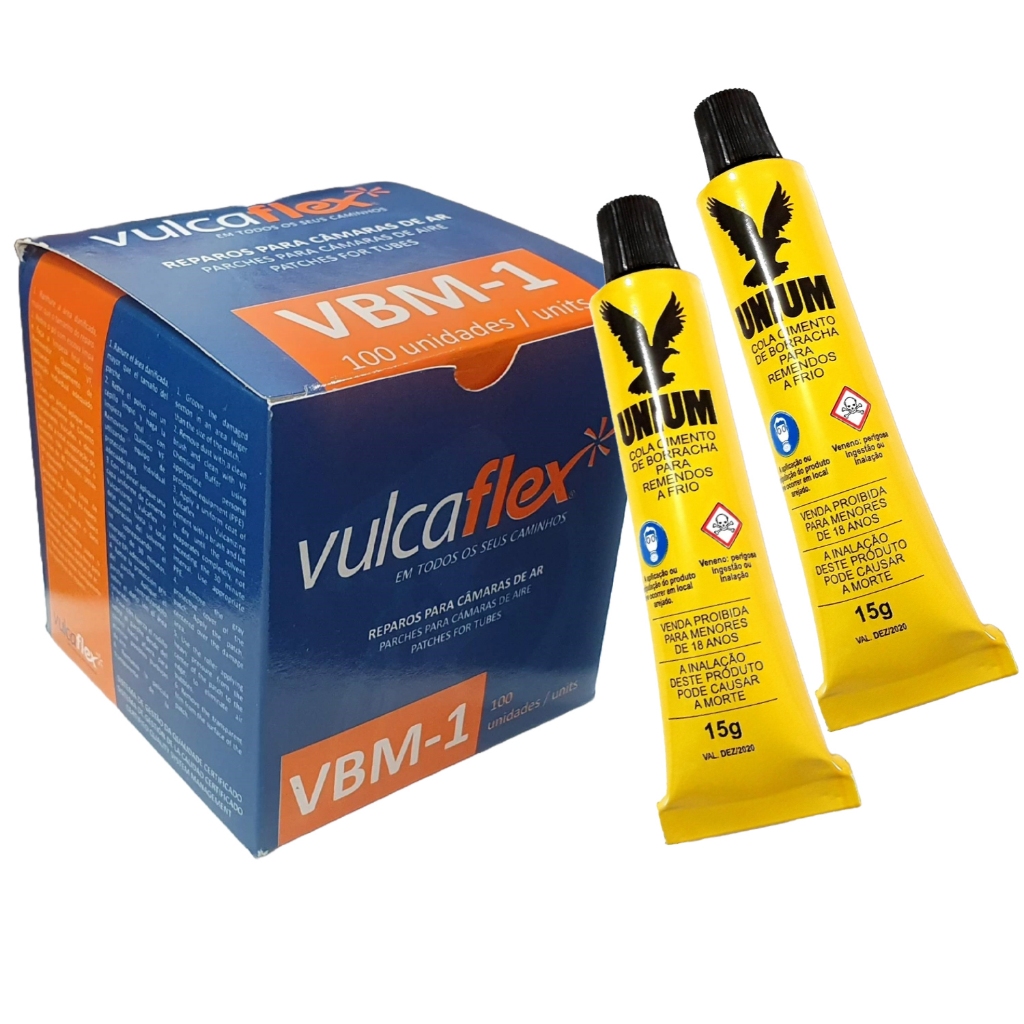 Kit Remendo Reparo Vulcaflex VBM-01 Caixa C/ 100 Pçs + 2 Colas Unium Remendo Frio Bike Moto