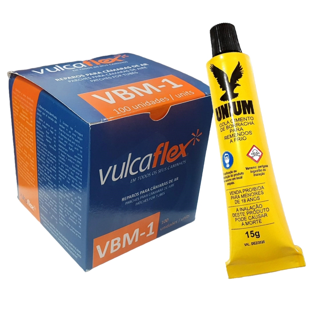 Kit Remendo Reparo Vulcaflex VBM-01 Caixa C/ 100 Pçs + 1 Cola Remendo Frio Bike Moto