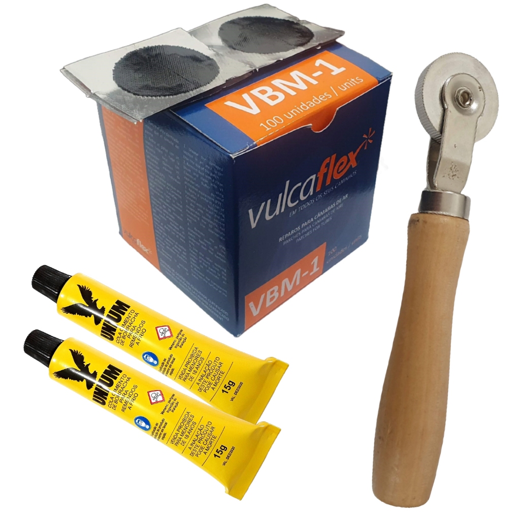 Kit Remendo Reparo Bike Moto Vulcaflex VBM-01 Caixa C/ 100 Pçs + 2 Colas Remendo Frio + Rodilho em Oferta na Shopee