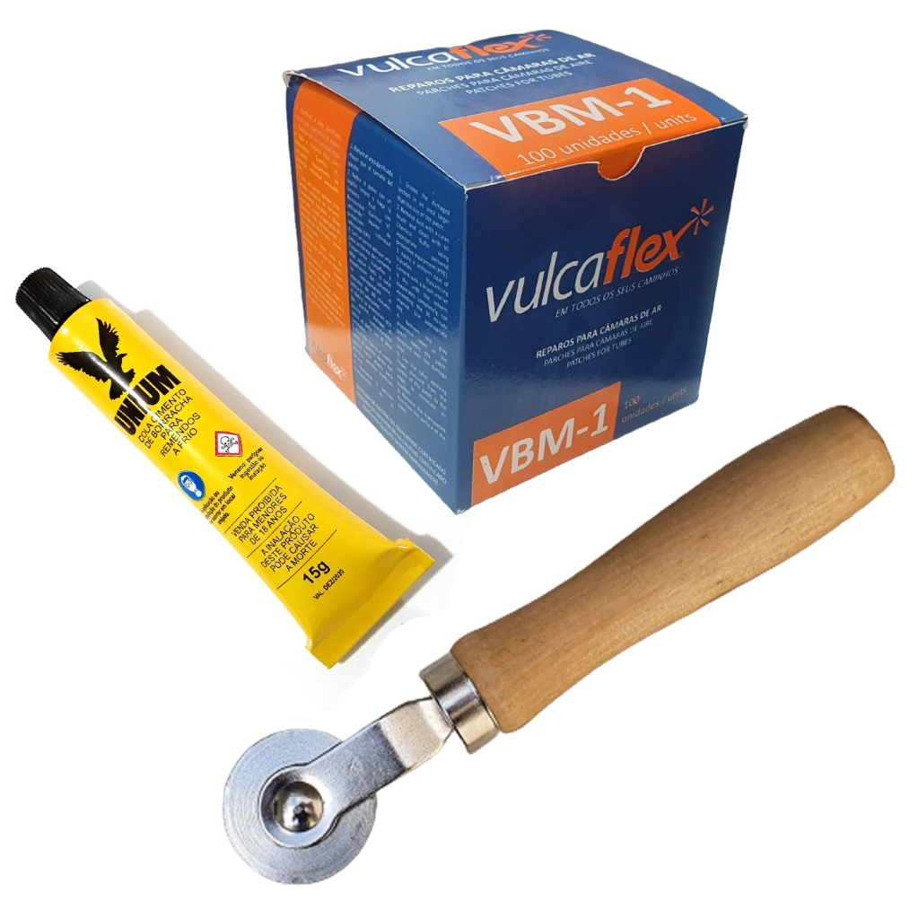 Kit Remendo Reparo Bike Moto Vulcaflex VBM-01 Caixa C/ 100 Pçs + 1 Cola Remendo Frio + Rodilho