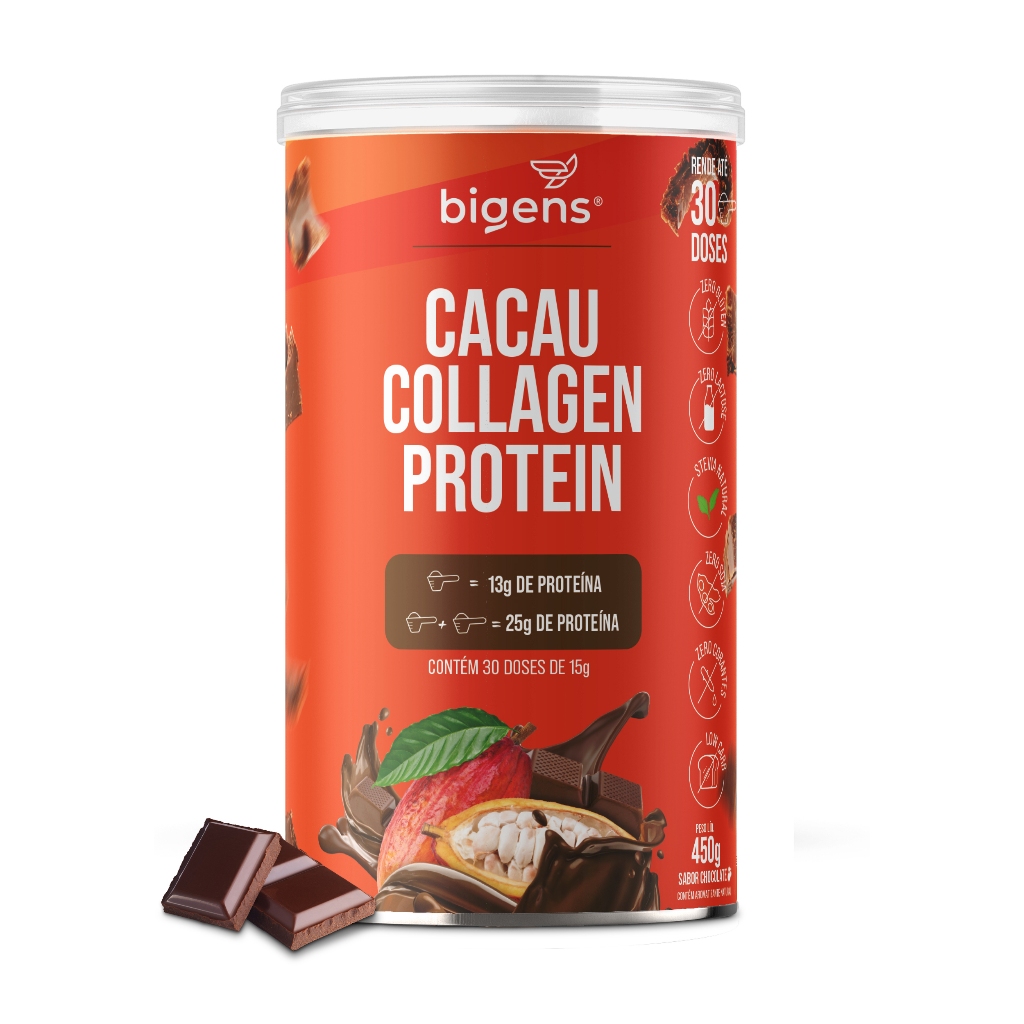 BIGENS CACAU COLLAGEN PROTEIN 450G | 25G DE PROTEÍNA POR PORÇÃO em Oferta na Shopee