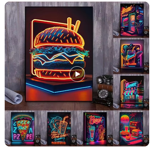 Quadro Decorativo Hamburguer Colorido Neon Lanche Restaurante Moderno em Oferta na Shopee