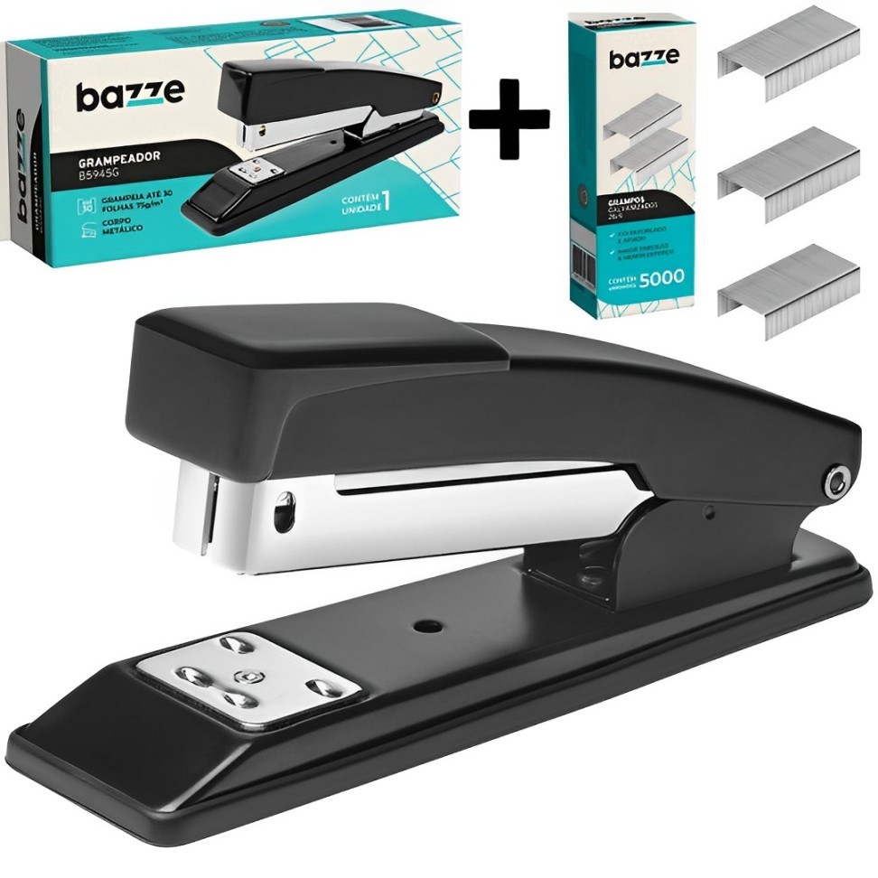 Grampeador De Papel Grampeador De Metal Preto + 5.000 Grampos 26/6 Galvanizados