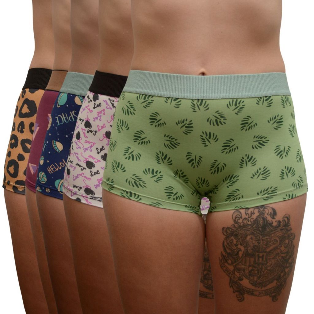 Kit 5 Calcinhas Microfibra Forro Algodão Short Boxer Lingerie Moda Roupas Femininas Estampada