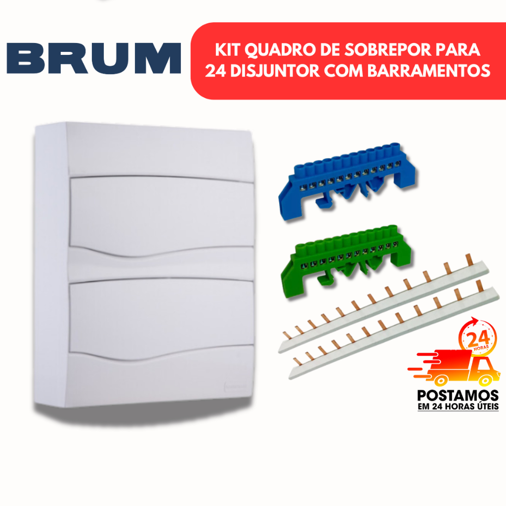 Quadro Distribuição Sobrepor 24Disjuntor 2 Barramento Pente Unipolar Barramento Neutro/terra 12furos