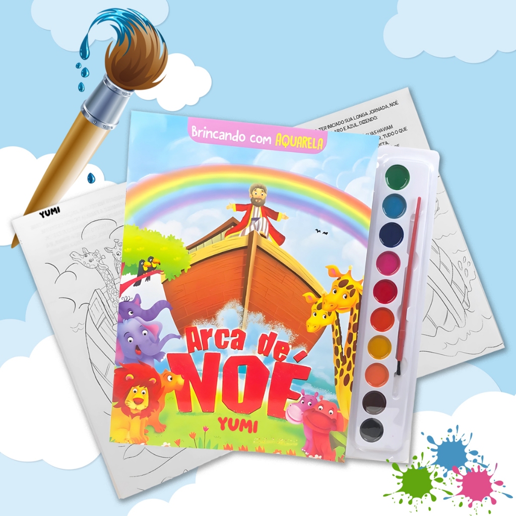 Livro Infantil Desenho Para Colorir Com Aquarela A Arca De Noé | Histórias Da Bíblia 10 cores + Pincel em Oferta na Shopee