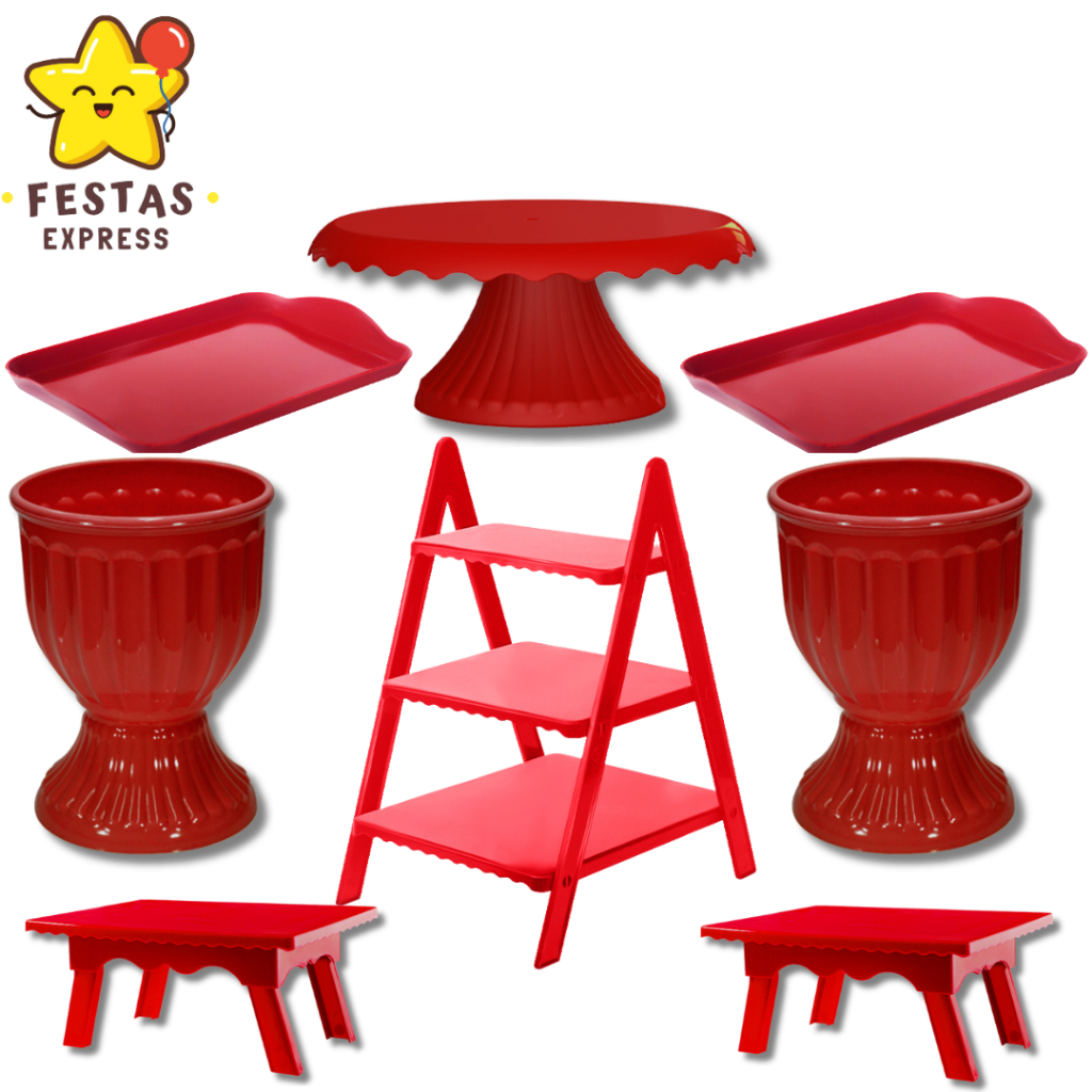 Kit Festa Escadinha - 1 Boleira Cake Renda 19cm , 2 Bandeja 20x13 , 2 Vaso Romano , 1 Escadinha para doces e 2 Mesinhas