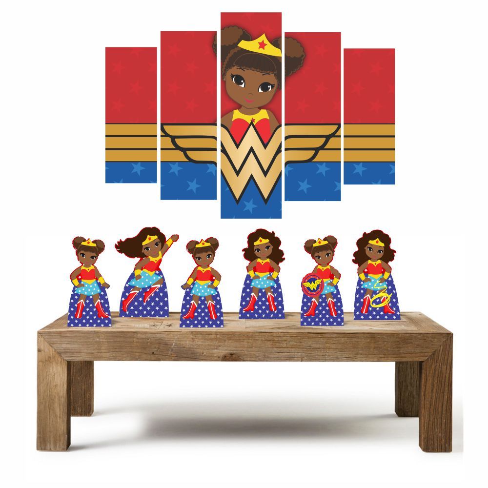 Mulher Maravilha Cute Morena Kit Com 6 Displays + Quadro Mosaico kit econômico