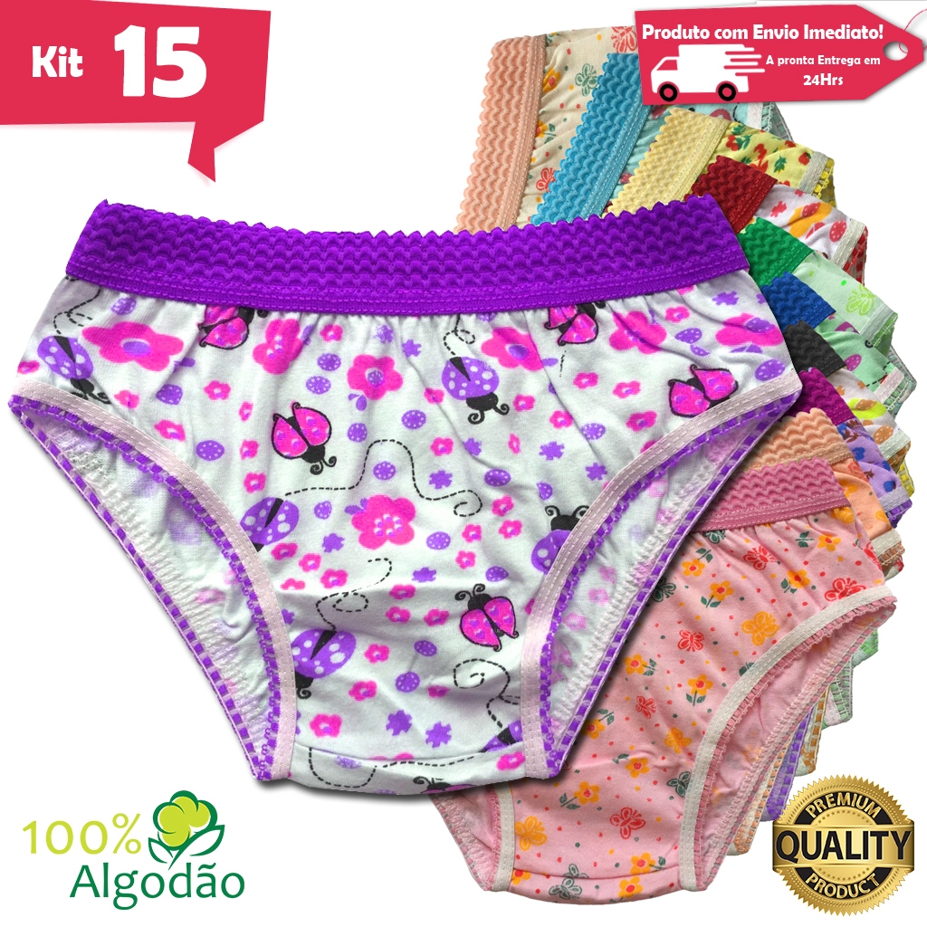Kit 15 Calcinhas Infantil Algodão Estampada Cós Elástico Menina Revenda