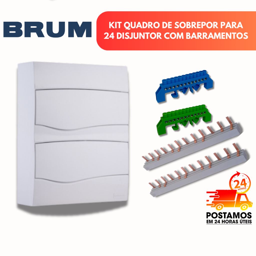 Quadro Distribuição Sobrepor 24Disjuntor 2 Barramento Pente tripolar Barramento Neutro/terra 12furos