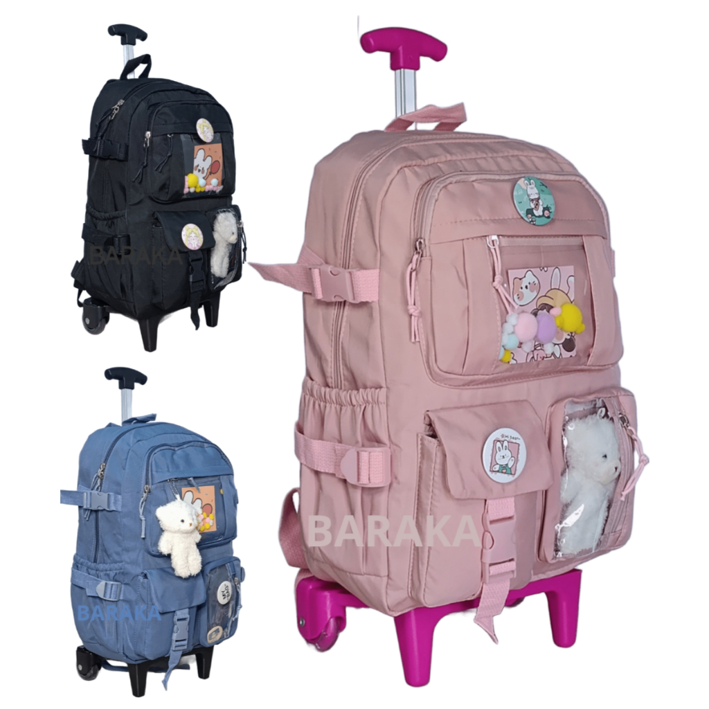 Kit Mochila Menina com Rodinha de Nylon Escolar Paseio Coreano com Ursinho