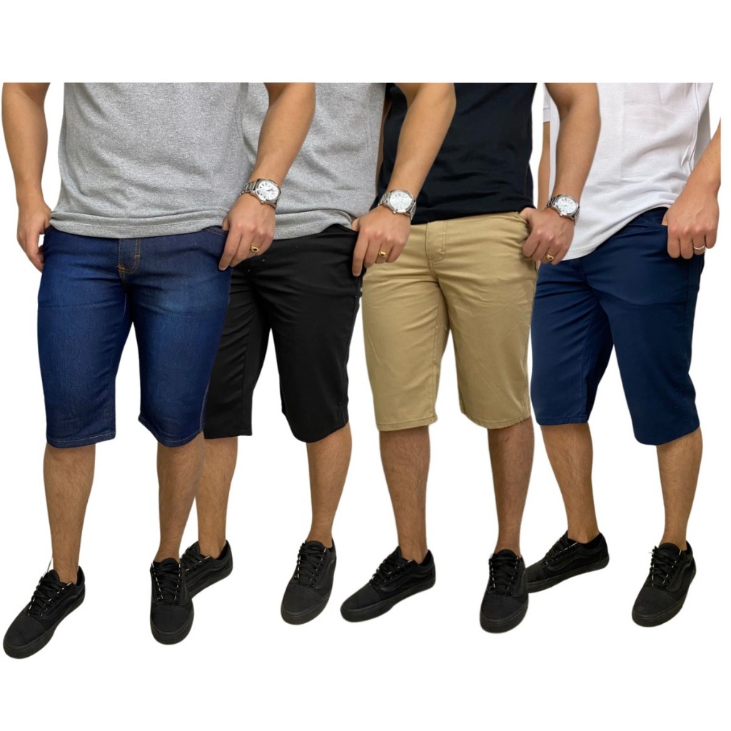 Kit 4 Bermudas Masculinas Jeans e Sarja Elastano Confortável Dia a Dia Shorts Premium