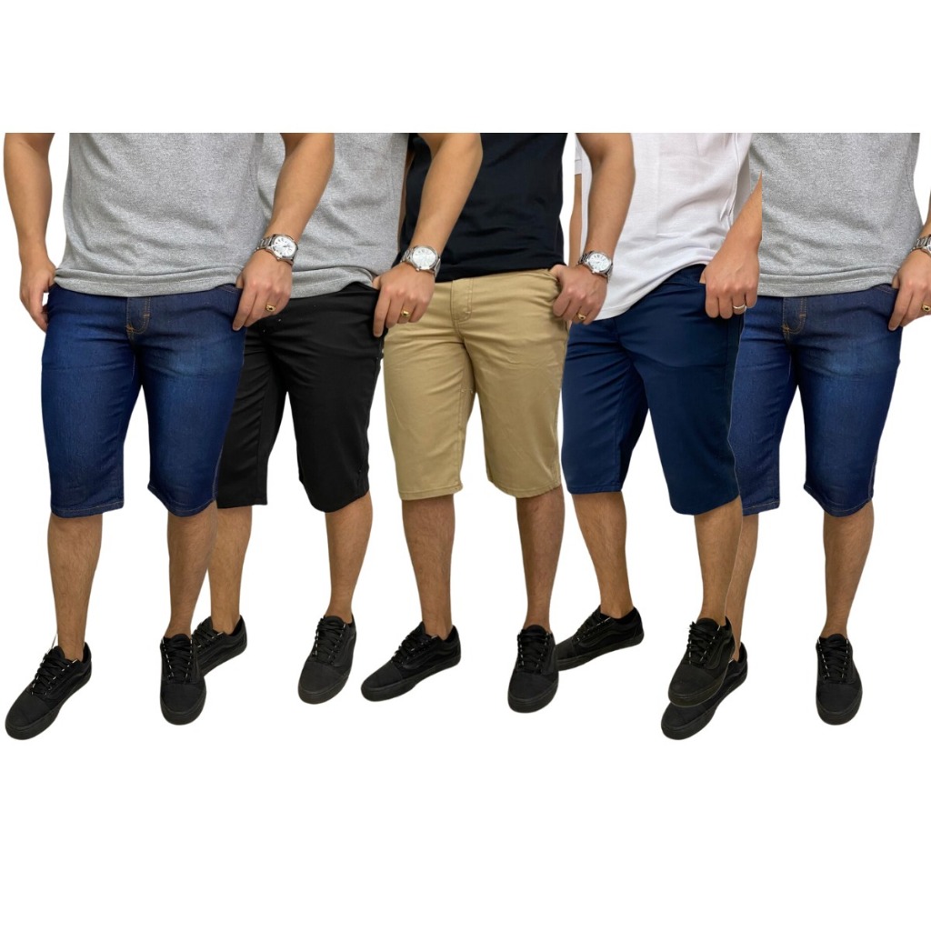 KIT COM 5 BERMUDAS MASCULINA JEANS ELASTANO LYCRA BRIM SARJA SHORT