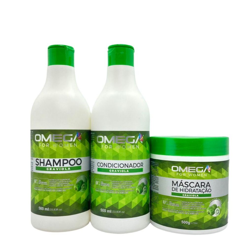 Kit REGENERADOR Capilar Extrato de Graviola Shampoo Condicionador e Máscara 500ml Omega Hair