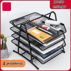 Organizador de Mesa Documento Bandeja Aramado Porta Papel Escritório 4 Prateleiras