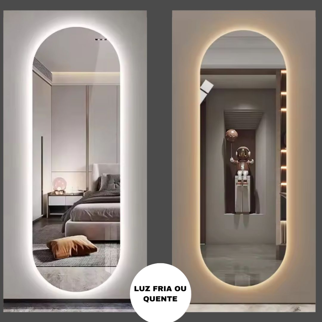 Espelho Oval Com LED Amarelo Quente Branco Frio Corpo Inteiro 150x40cm Quarto Sala Decorativo - Home & Living