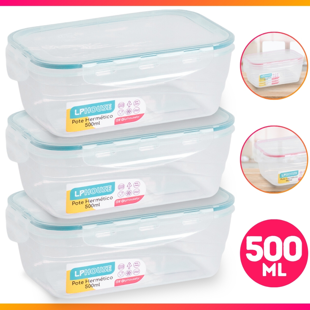 Kit 3 Potes Herméticos c/ Tampa de Alta Vedação 500ml Marmita Lanches Frutas Saladas Fitness