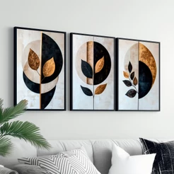 Trio Quadros Modernos Com Moldura 40X60 cm Folhagem Abstrata Com Tons Dourados