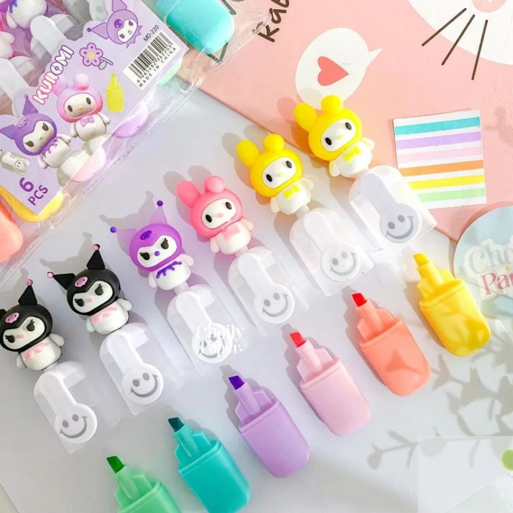 Kit Mine Marca Texto Sanrio 6 Unidades Várias Cores Papelaria Kwaii Desenho Anime Divertido