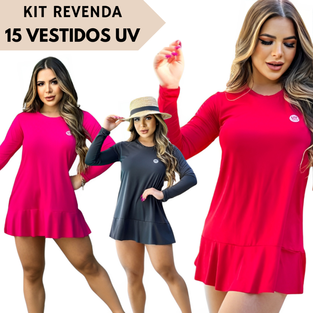 Kit 15 Vestidos UV Proteção Solar Atacado Para Revender Oportunidade do P ao EXG