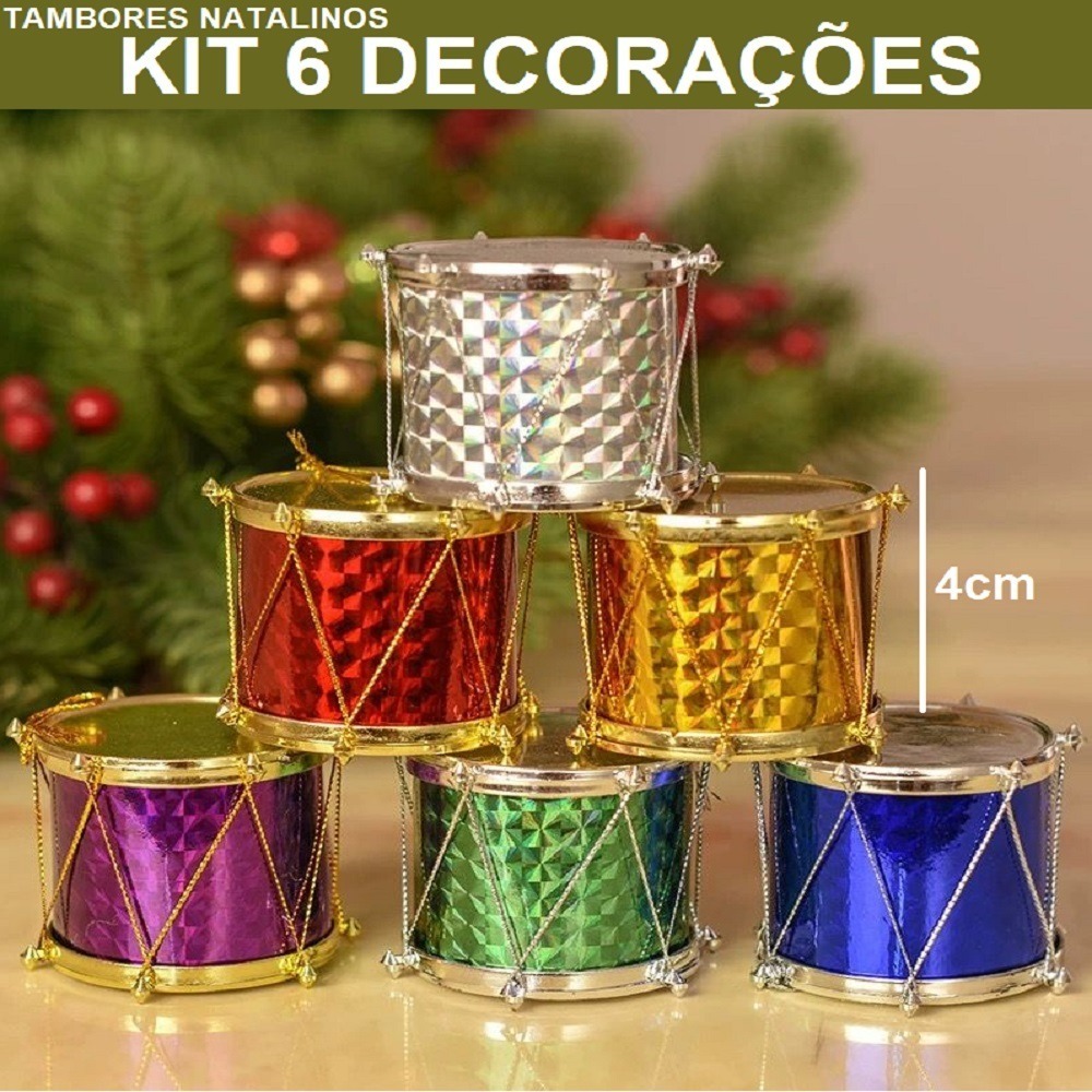 Conjunto De 12 Ou 6 Tambores Tamborzinhos 4cm Decoração Natalina Para Arvores De Natal Coloridos