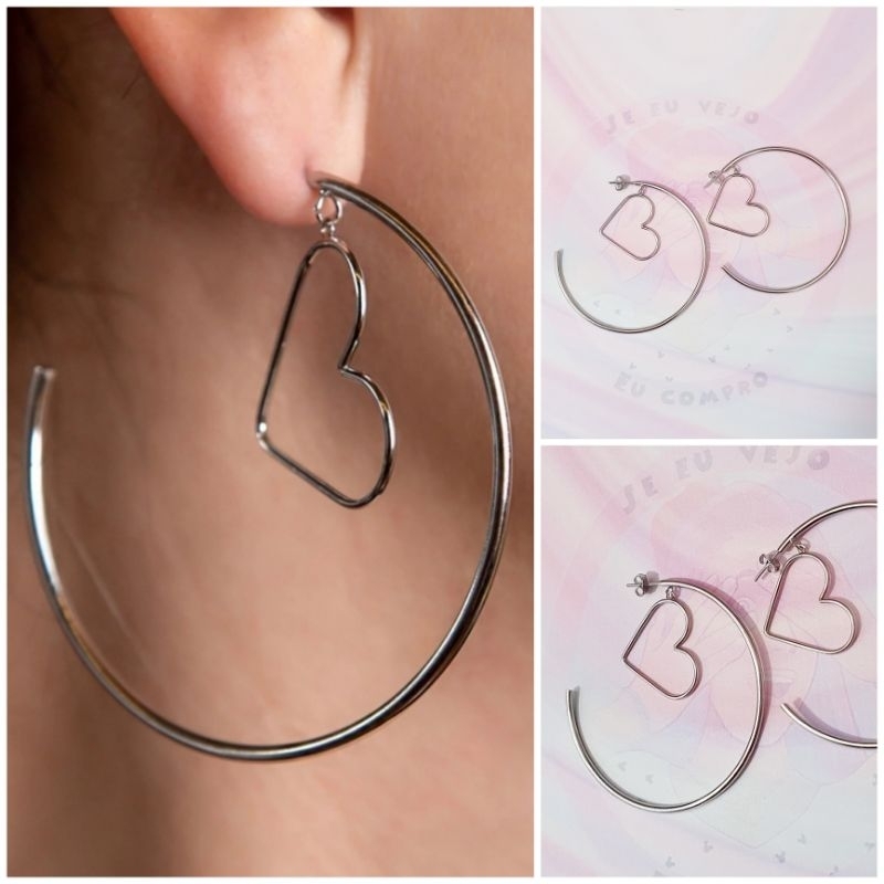 Brinco Argola pingente grande coração em aço inox 316l cirúrgico argolas grande em Oferta na Shopee