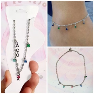 Tornozeleira aço inox cirúrgico strass pedrinhas coloridas pedra cores moda feminina em Oferta na Shopee