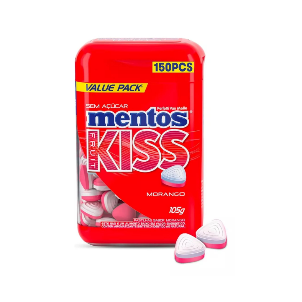 Pastilhas Mentos sem açúcar pote com 150 un Kiss Morango em Oferta na Shopee
