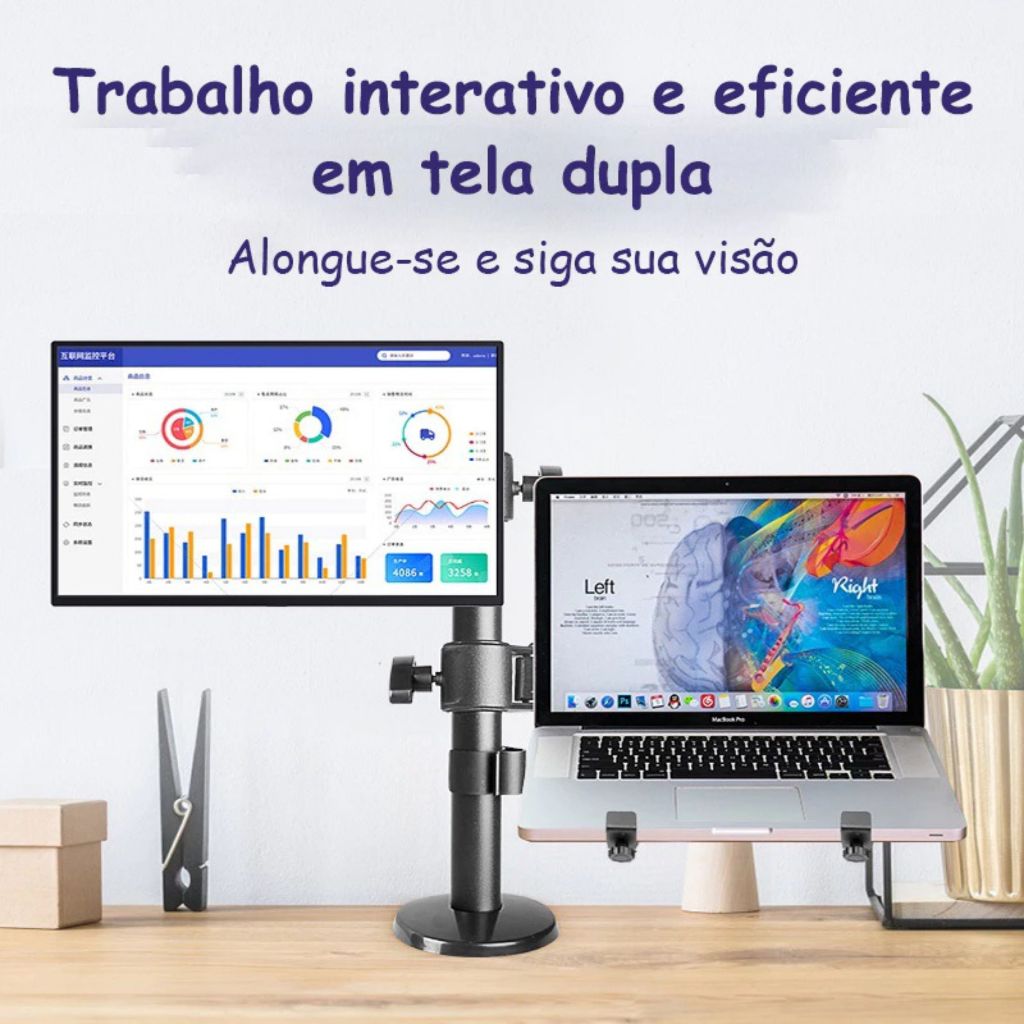 Suporte Duplo Articulado De Mesa Para Monitor E Notebook E 2 Minito 3 Monito