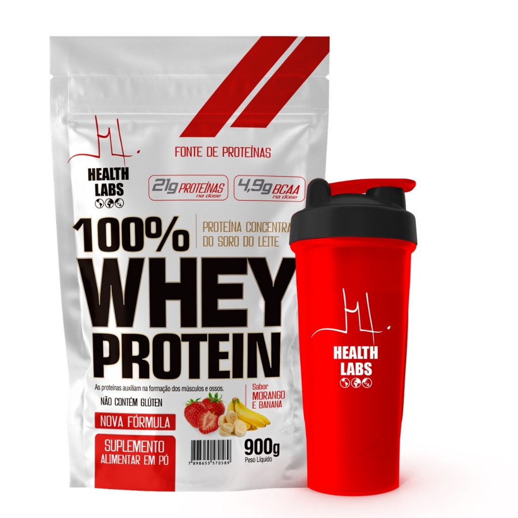 100% Whey Protein 900g Pounch Morango com Banana + Coqueteleira  - Health Labs