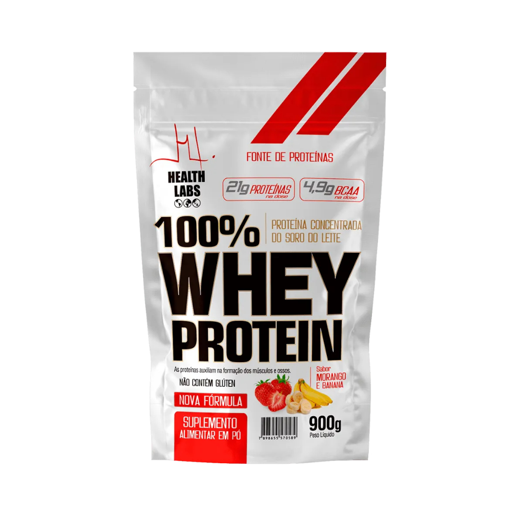 Whey Protein 100% 900g Pounch Morango com Banana - Health Labs