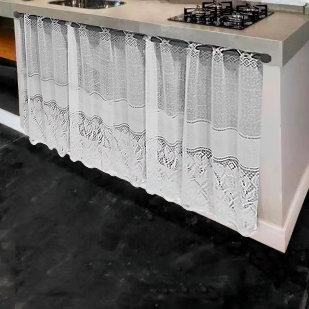 Cortina Para Pia - Balcão de Cozinha Renda Branca Duas folhas - 0,80x1,50m Desenho Floral Tulipas em Oferta na Shopee