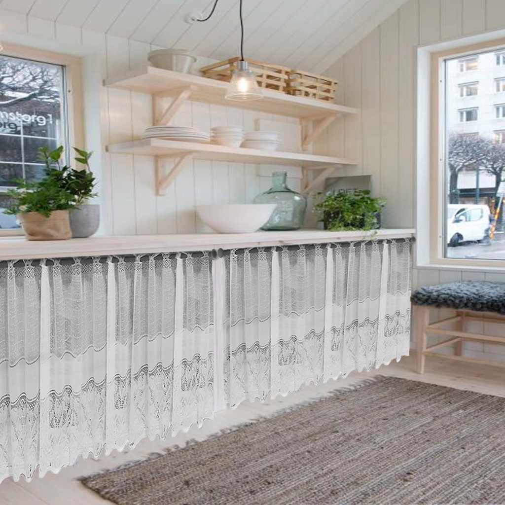 Cortina Pia Cozinha - Balcão de Renda Branca folha - 0,80x1,50m Desenho Tulipas