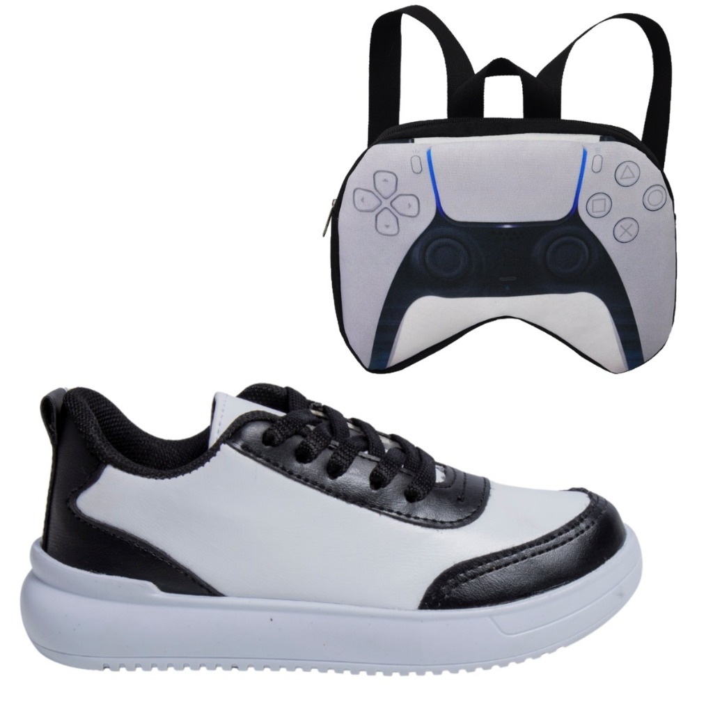 Tênis Infantil Masculino Casual Jogging Nude Preto Branco Colegial Confortável + Mochila Manete