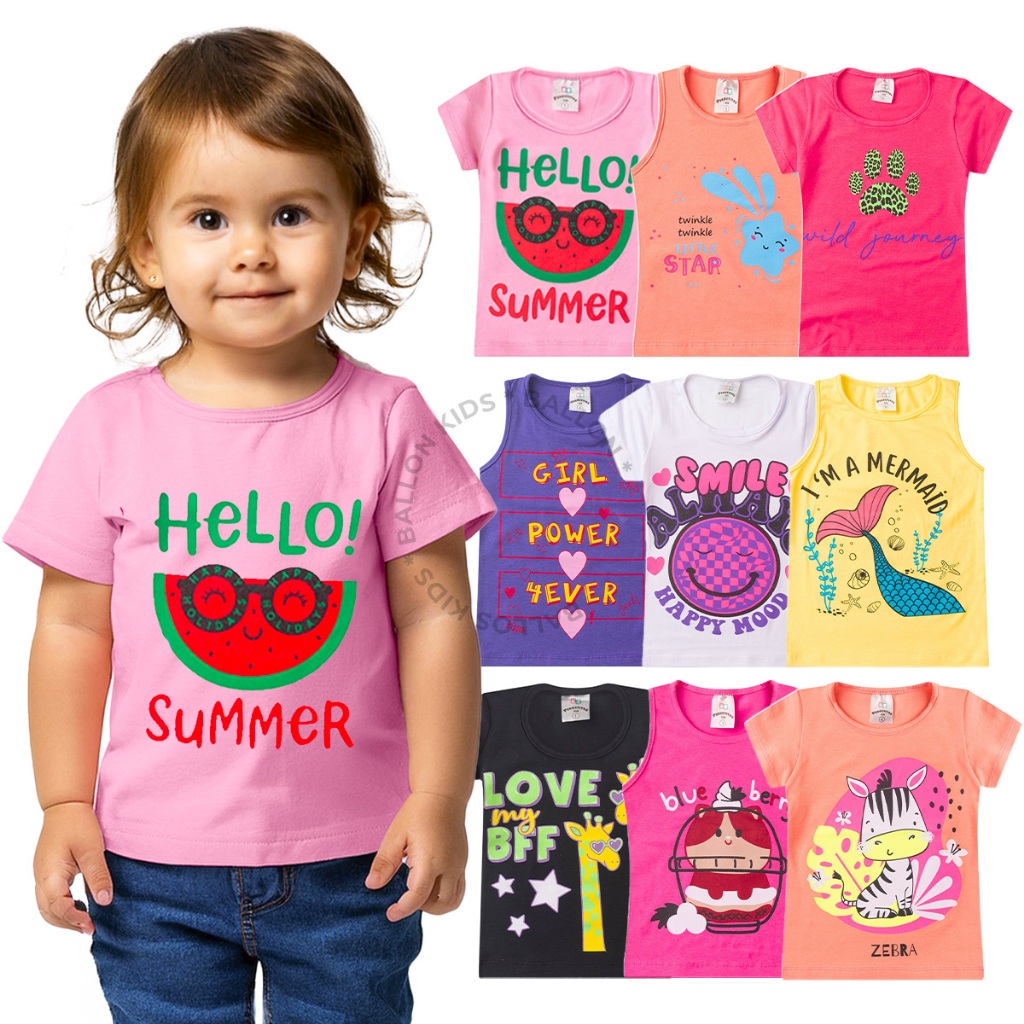 Kit 2, 3, 4, 5 ou 6 Camisetas Infantil Verão Menina Feminino Manga Curta Estampada do 1 ao 14