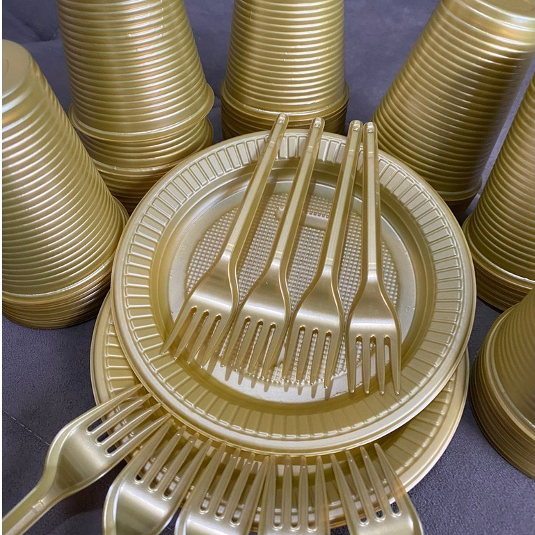 Kit Festa Perolado 50 Copos, 50 Garfinhos e 50 Pratinho
