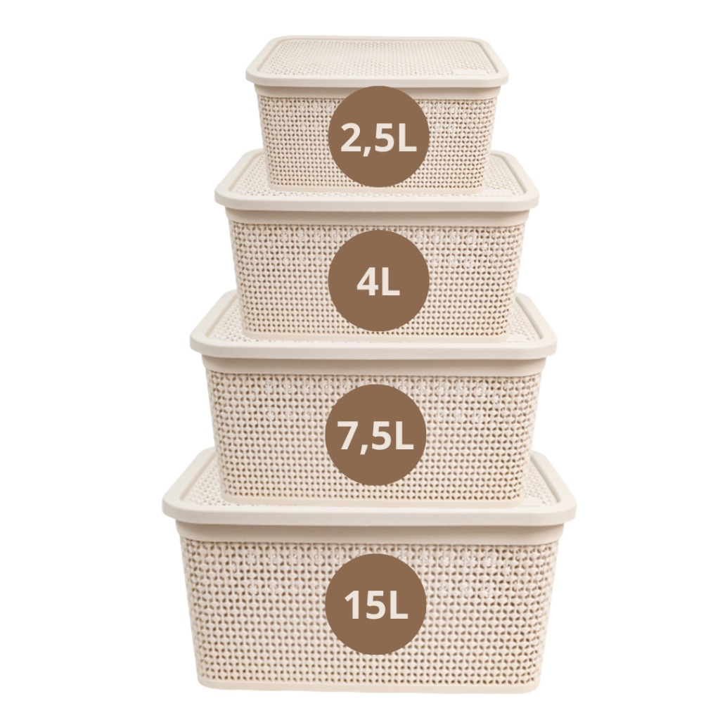 Kit 4 Caixas Organizadoras 15L, 7,5L, 4L, 2,5L com Tampa, Caixa Rattan Organizadora Com Tampa