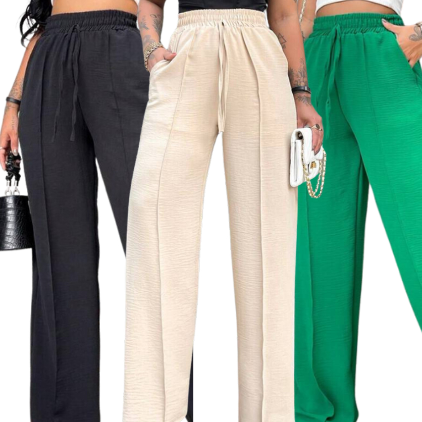 Calça Feminina Pantalona Wide Leg Duna com Bolso Cintura Alta Tendência