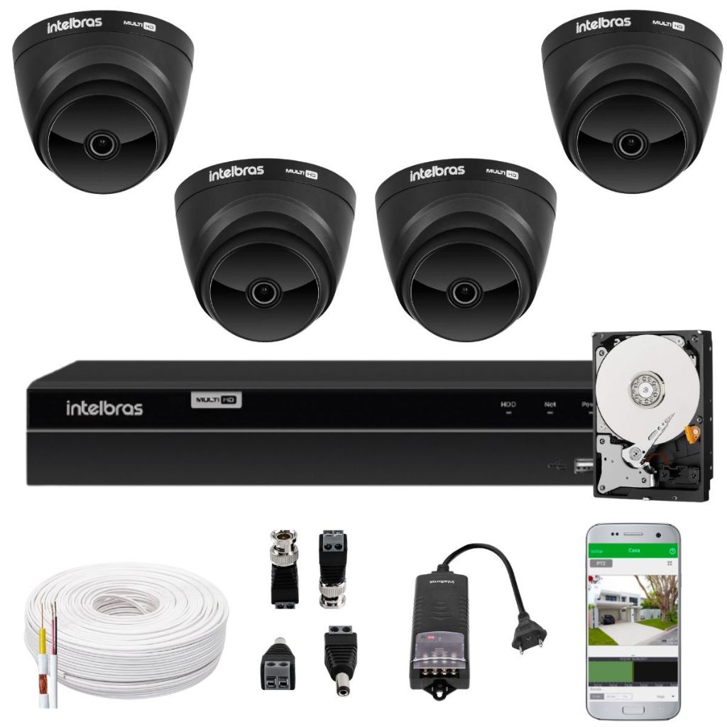 Jogo Monitoramento Cameras Segurança Intelbras Via App Dvr 4 Canais e 4 Câmeras Black Internas