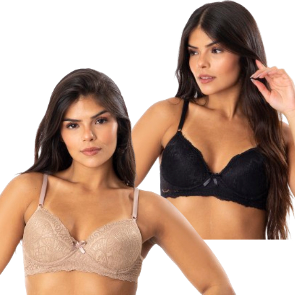 Kit 2 Sutiã De Renda Feminino Lingerie Com Bojo Íntimo Básico Casual Soutien Preto Bege Conforto