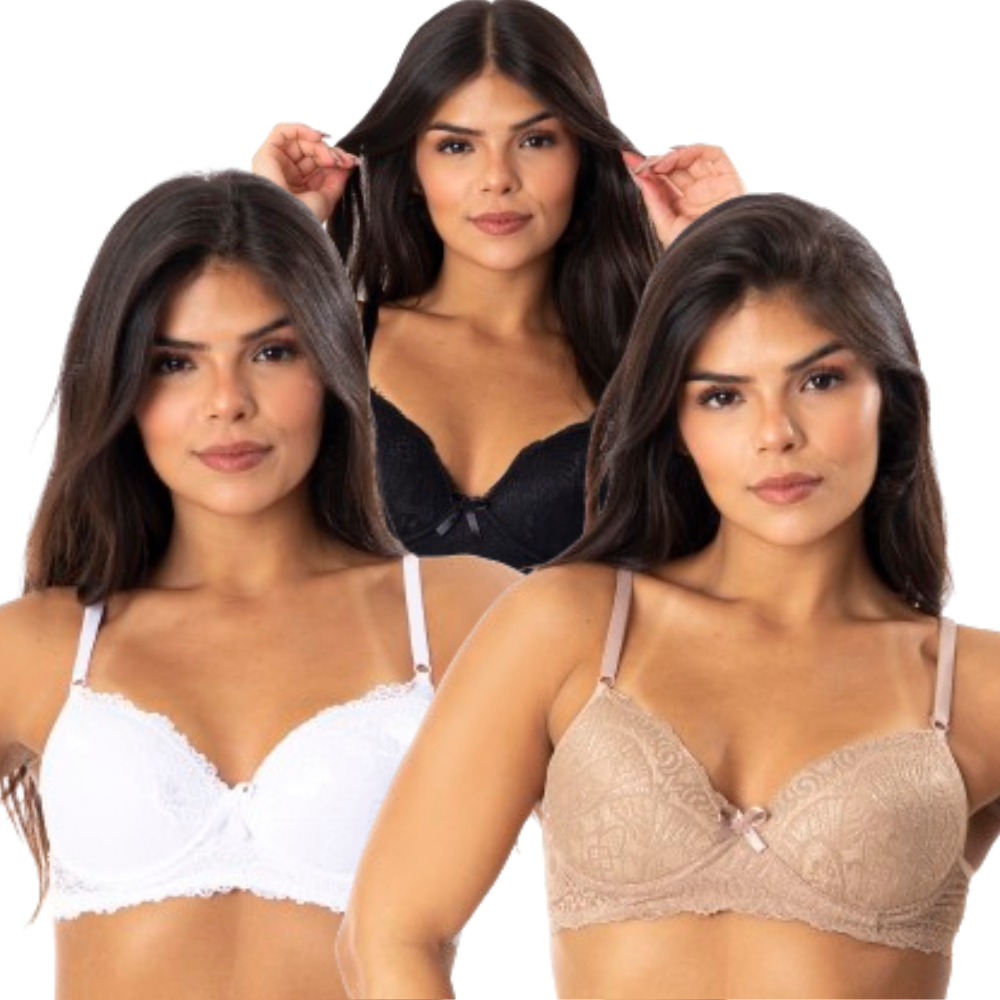 Kit 3 Sutiã Feminino Com Bojo Lingerie De Renda Íntimo Conforto Casual Básico Soutien