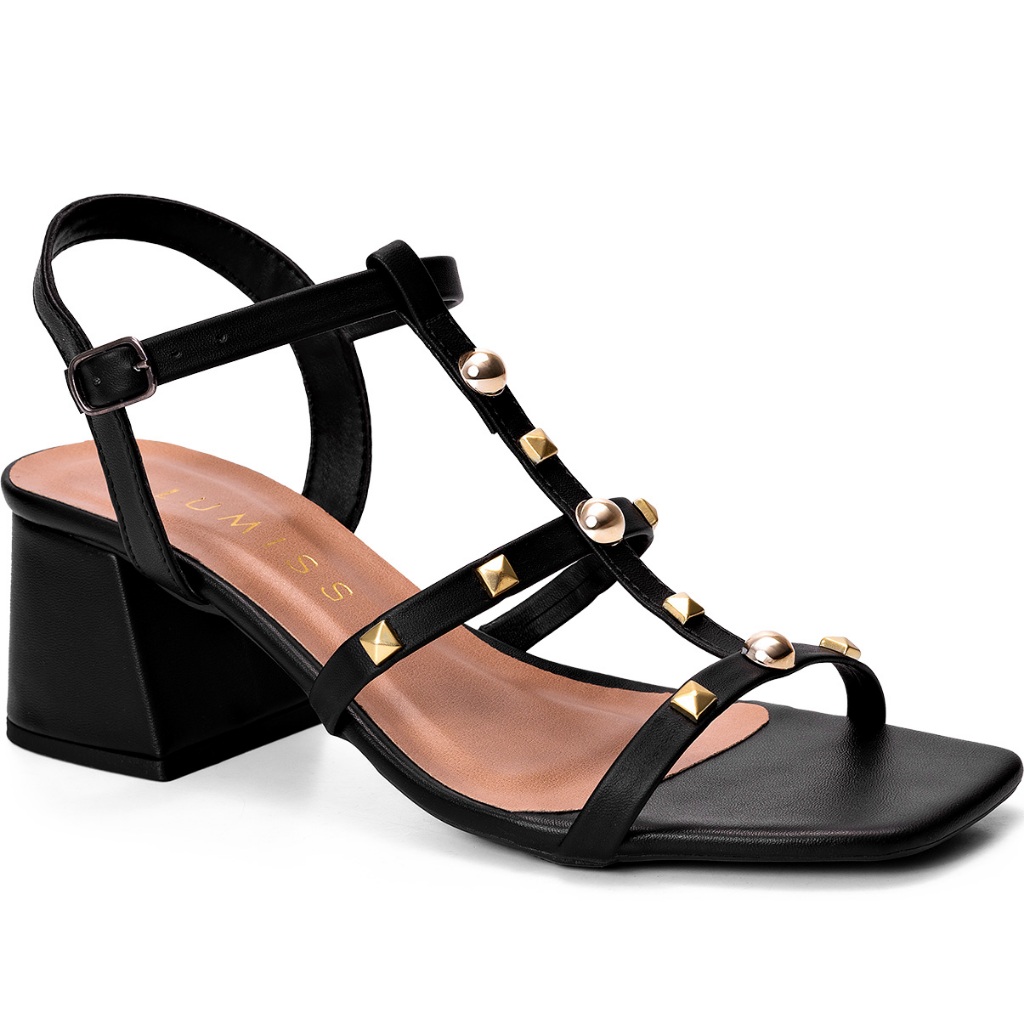 Sandália Feminina Lumiss Bico Quadrado Salto Baixo Bloco Confortável Brilho Tachas em Oferta na Shopee