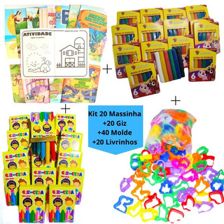 Kit 20 Cx Massinha de Modelar + 20 Cx Giz Cera + 40 Molde + 20 Livrinhos Colorir Lembranc…