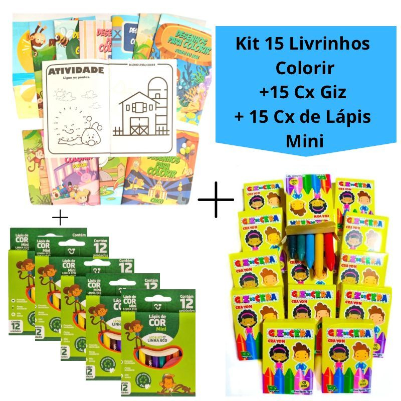 Kit 15 Lápis Mini + 15 Cx Giz de Cera Mini + 15 Livrinhos de Colorir Kit Festa Infantil Lembrancinha